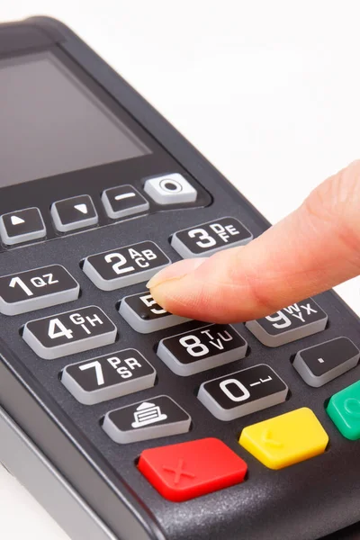 Terminal Płatniczy Palec Wpisujący Kod Pin Czytnik Kart Kredytowych Płatności — Zdjęcie stockowe