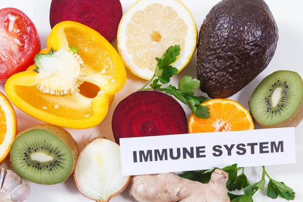 Inscriptie Immuunsysteem Vers Rijp Fruit Met Groenten Bron Natuurlijke Gezonde — Stockfoto