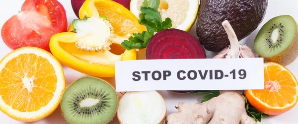 Inscriptie Stop Covid Vers Rijp Gezond Fruit Groenten Met Natuurlijke — Stockfoto