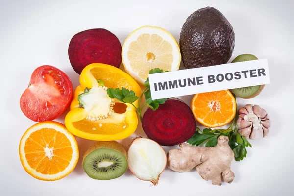 Inscriptie Immuunbooster Vers Rijp Fruit Met Groenten Bron Natuurlijke Gezonde — Stockfoto