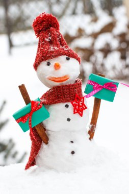 Noel hediyesi olarak yün atkı ve kepli süslü kardan adam ya da kozalaklı ağaçların arka planında sevgililer günü hediyesi