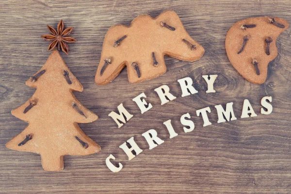 Inscription Merry Christmas Fresh Homemade Gingerbreads Cookies Festive Time — Stock Photo, Image