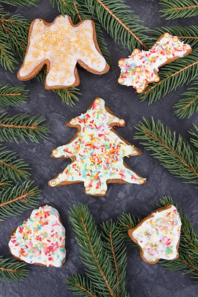 Fresh Baked Homemade Gingerbread Colorful Decorations Green Spruce Branches Christmas — Stock Photo, Image