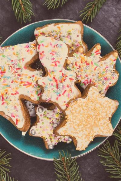 Fresh Baked Homemade Gingerbread Colorful Decorations Green Spruce Branches Christmas — Stock Photo, Image