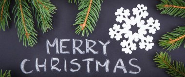 Yazılı Mutlu Noeller ve yeşil ladin dalları. Noel zamanı için dekorasyon
