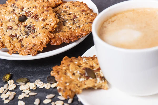Cup Coffee Milk Fresh Baked Homemade Oatmeal Cookies Honey Different — Stock Photo, Image