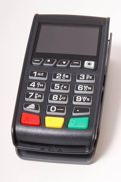 信用卡阅读器作为一种用于无现金支付的装置 付款终端 金融和银行概念 — 图库照片