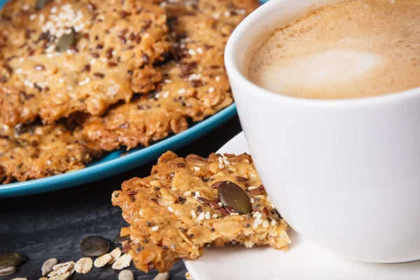 Cup Coffee Milk Fresh Baked Homemade Oatmeal Cookies Blue Plate — Stock Photo, Image
