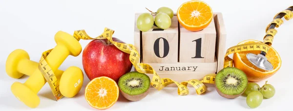 Resoluciones Año Nuevo Estilo Vida Saludable Nutrición Con Calendario Cubos —  Fotos de Stock