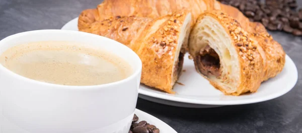 White Glass Cup Coffee Fresh Baked Croissant Chocolate Breakfast — Stock Photo, Image