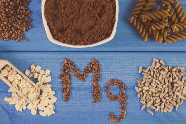 Yazı, magnezyum, vitamin ve mineral içeren MG ve malzemeler. Sağlıklı beslenme