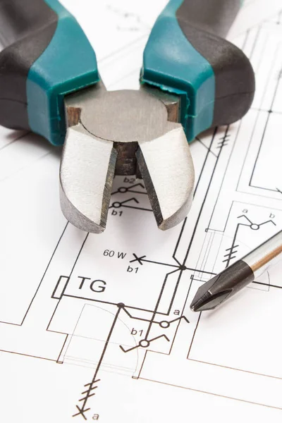 Alicate Metal Chave Fenda Com Diagramas Construção Elétrica Casa Construção — Fotografia de Stock