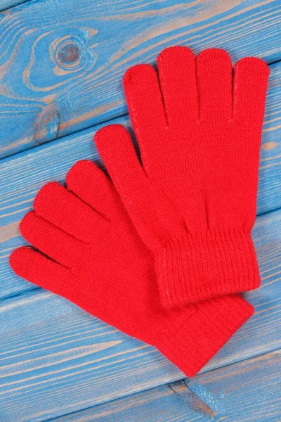 Red Woolen Gloves Woman Blue Boards Warm Clothing Autumn Winter — Stock Photo, Image