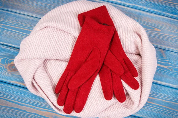 Woolen Gloves Shawl Scarf Woman Warm Clothing Autumn Winter Concept — Stock Photo, Image