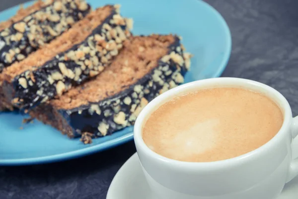 Fresh Baked Pastry Made Zucchini Blue Plate Cup White Coffee — Stock Photo, Image