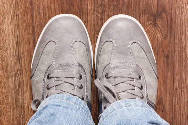 Cómodos Zapatos Cuero Gris Casual Tablero Rústico Concepto Calzado Masculino — Foto de Stock