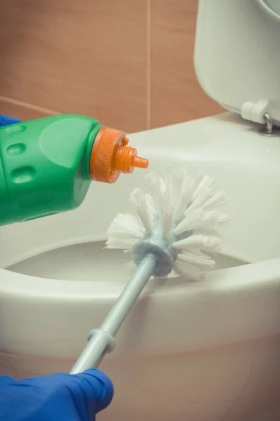 Detergente Doméstico Acessórios Para Limpeza Banheiro Banheiro Conceito Dos Direitos — Fotografia de Stock