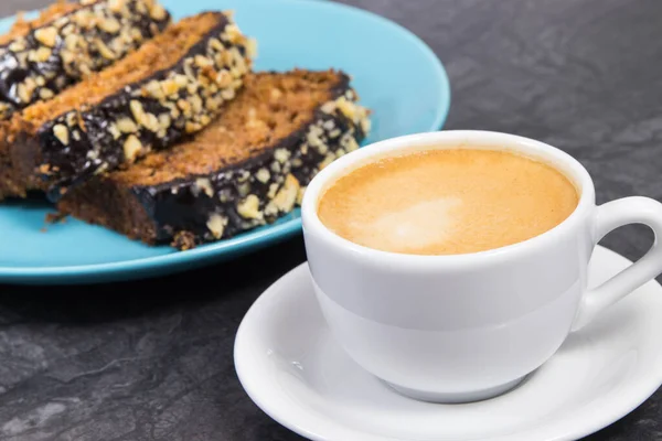 Fresh Baked Zucchini Dough Blue Plate Cup White Coffee Delicious — Stock Photo, Image