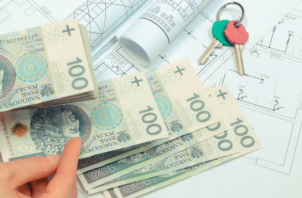 Hand Woman Polish Currency Money Home Keys Electrical Construction Drawing — Stock Photo, Image
