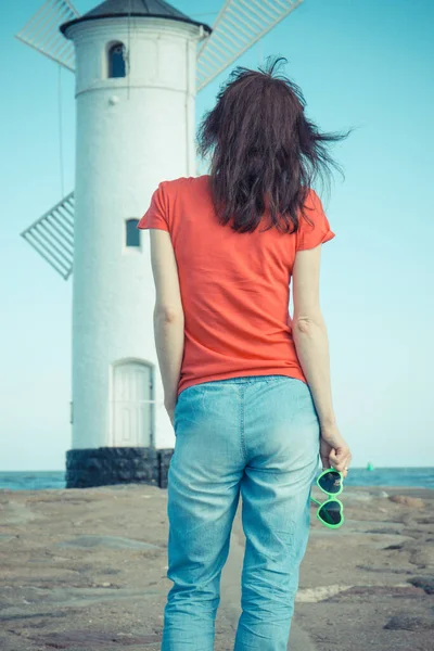 Woman Sunglasses Shape Heart West Breakwater Windmill Stawa Mlyny Swinoujscie — Stock Photo, Image