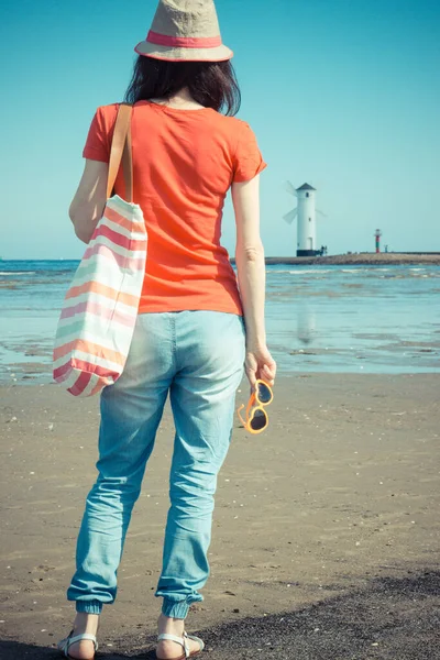 Woman Summer Straw Hat West Breakwater Windmill Stawa Mlyny Swinoujscie — Stock Photo, Image