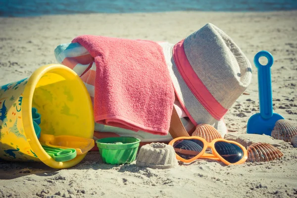 Accessories Relax Sunbathing Children Toys Playing Sand Beach Travel Vacation — Stock Photo, Image