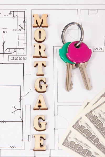 Inscription Mortgage Currencies Dollar Home Keys Construction Diagrams Concept Buying — Stock Photo, Image