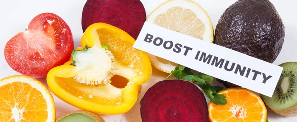 Inscriptie Stimuleren Immuniteit Vers Rijp Gezond Fruit Groenten Met Natuurlijke — Stockfoto