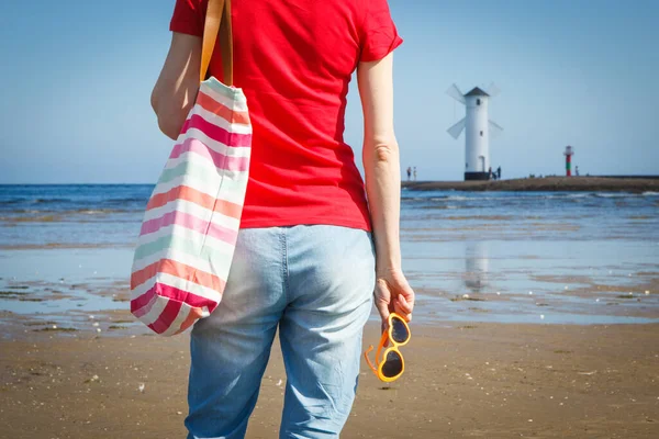 Woman Sunglasses Material Bag West Breakwater Swinoujscie Characteristic Navigational Mark — Stock Photo, Image