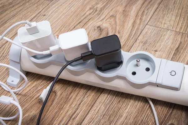 Smartphone Mobile Phone Chargers Connected Electrical Power Strip Various Devices — Stock Photo, Image