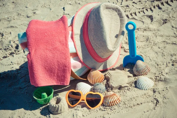 Different Accessories Relax Sunbathing Children Toys Playing Sand Beach Travel — Stock Photo, Image