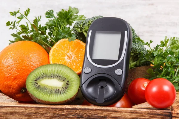 Glükométer Cukorszint Mérésére Érett Természetes Gyümölcsökkel Zöldségekkel Cukorbetegség Egészséges Életmód — Stock Fotó