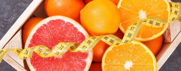 Fresh Juicy Fruits Source Natural Minerals Vitamins Tape Measure Dieting — Stock Photo, Image