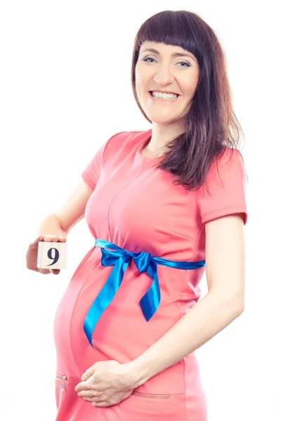Vintage Photo Smiling Pregnant Woman Pink Dress Blue Ribbon Showing — Foto Stock