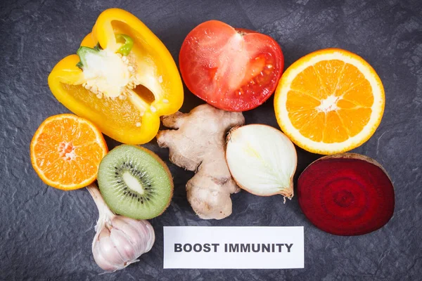 Inscriptie Verhoogt Immuniteit Met Verse Groenten Fruit Bron Natuurlijke Vitaminen — Stockfoto