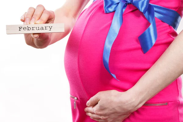 Kobieta Ciąży Ubrana Różową Sukienkę Niebieską Wstążką Napisem Lutowy Drewnianej — Zdjęcie stockowe