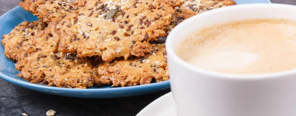 Cup Coffee Milk Fresh Baked Homemade Oatmeal Cookies Blue Plate — Stock Photo, Image