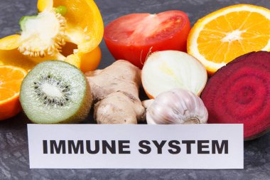 Taze meyve ve sebzeli yazıt bağışıklık sistemi. Doğal vitaminler, mineraller ve beslenme lifleri