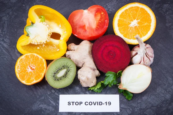 Inscriptie Stoppen Covid Vers Rijp Gezond Fruit Met Groenten Met — Stockfoto