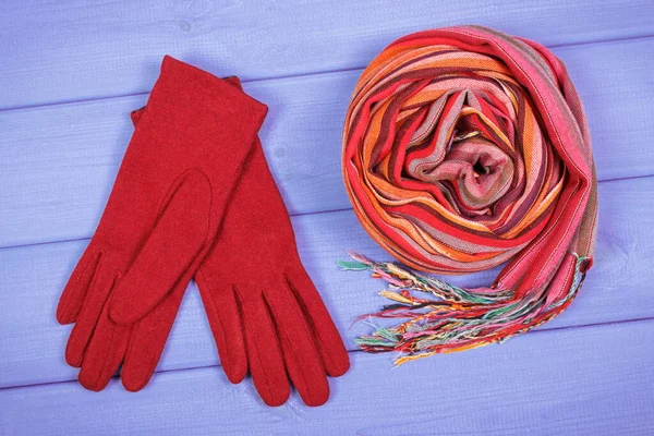 毛线手套和板子 女人的多彩披肩保暖衣为秋天或冬天 有女人味的配件 — 图库照片