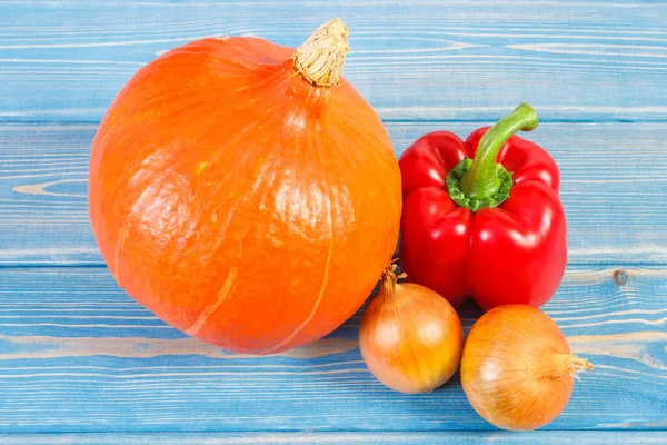 Fresh Organic Pumpkin Onions Peppers Lying Boards Concept Healthy Nutrition Stock Picture