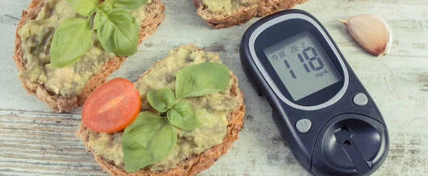 Glucose Meter Checking Measuring Sugar Level Fresh Sandwiches Paste Avocado — Stock Photo, Image