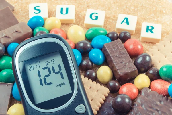 Glukometre Şeker Seviyesi Bol Miktarda Şeker Içeren Şeker Miktarının Kötü — Stok fotoğraf