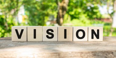 Tahta bir masanın üzerinde, bir yaz bahçesinin arka planına karşı altı tahta blok uzanır ve VISION kelimesini yaratır..