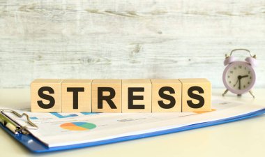 Tahta küpler, gri arka planda mali tabloların olduğu bir klasörde yatıyor. Küpler STRESS kelimesini oluşturuyor. İş konsepti.