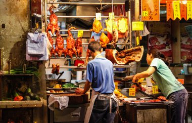 ördek ve hong kong s tavuk satan kaldırım satıcıları kavrulmuş