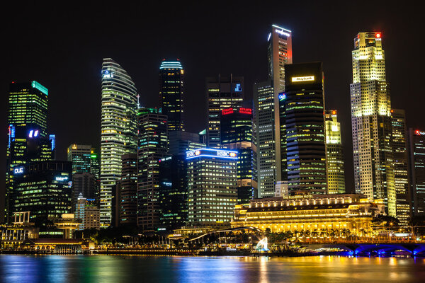 Night scene of Singapore's Central Business District (CBD). The CBD contains the core financial and commercial districts in the southern part of the island-state.