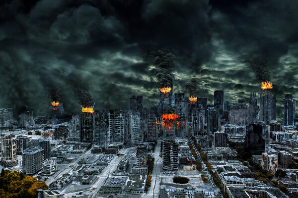 Кинематографическое изображение разрушенного города с копировальным пространством
