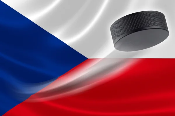 Hokejový puk pruhy přes vlajky České republiky — Stock fotografie