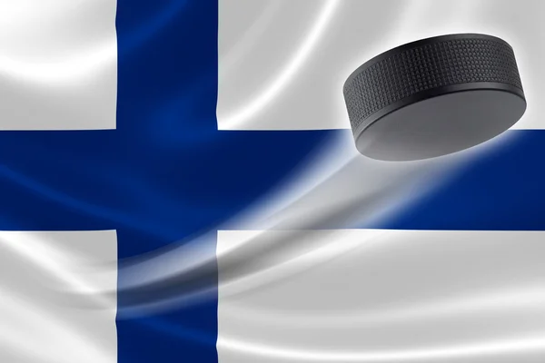 Hokejový puk pruhy přes finskou vlajku — Stock fotografie